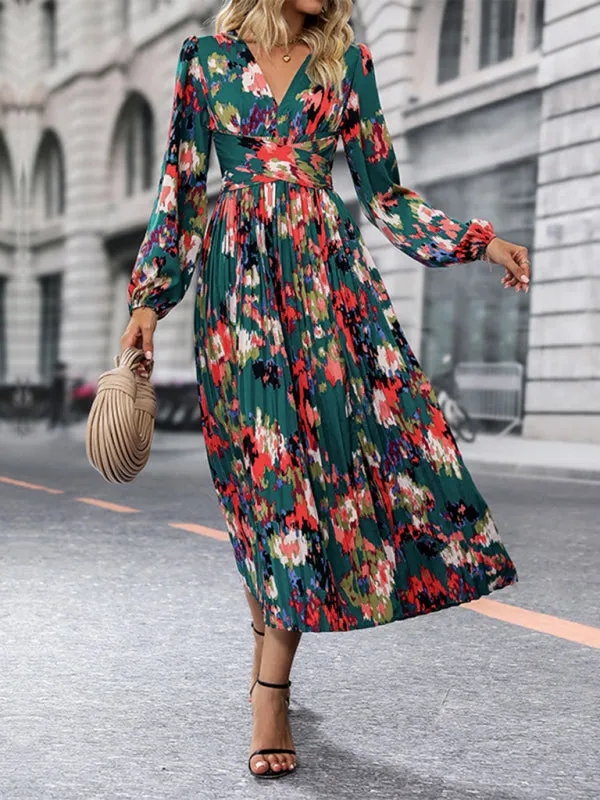 Abstract Print Surplice V Neck Pleated Dress