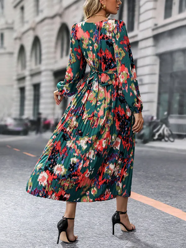 Abstract Print Surplice V Neck Pleated Dress