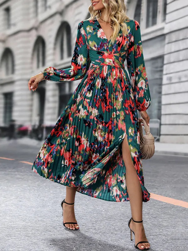 Abstract Print Surplice V Neck Pleated Dress