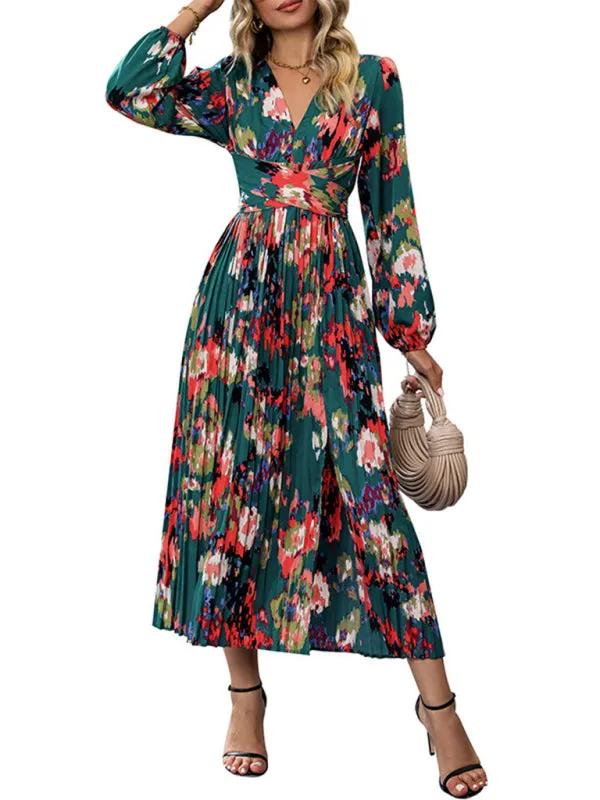 Abstract Print Surplice V Neck Pleated Dress