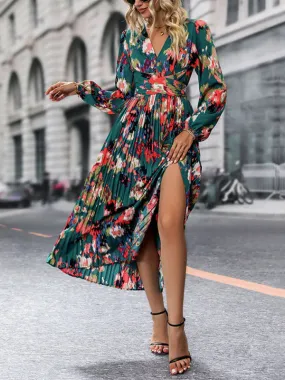 Abstract Print Surplice V Neck Pleated Dress