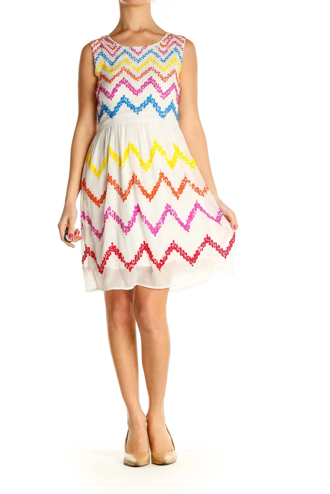 Beige Chevron Day Fit & Flare Dress