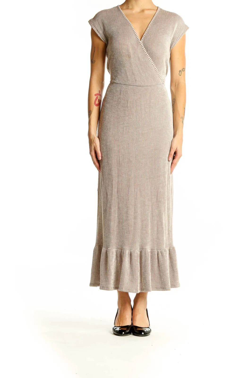 Beige Ribbed Wrap Maxi Dress