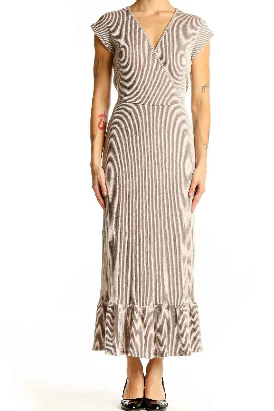 Beige Ribbed Wrap Maxi Dress