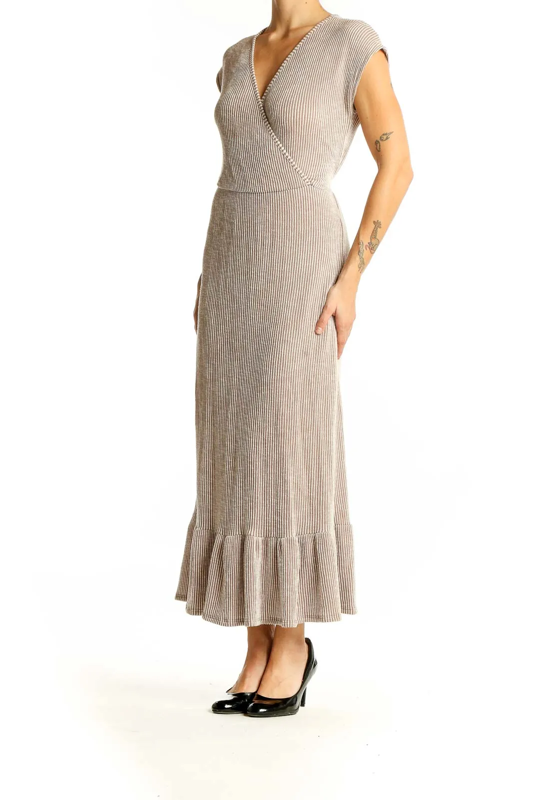 Beige Ribbed Wrap Maxi Dress