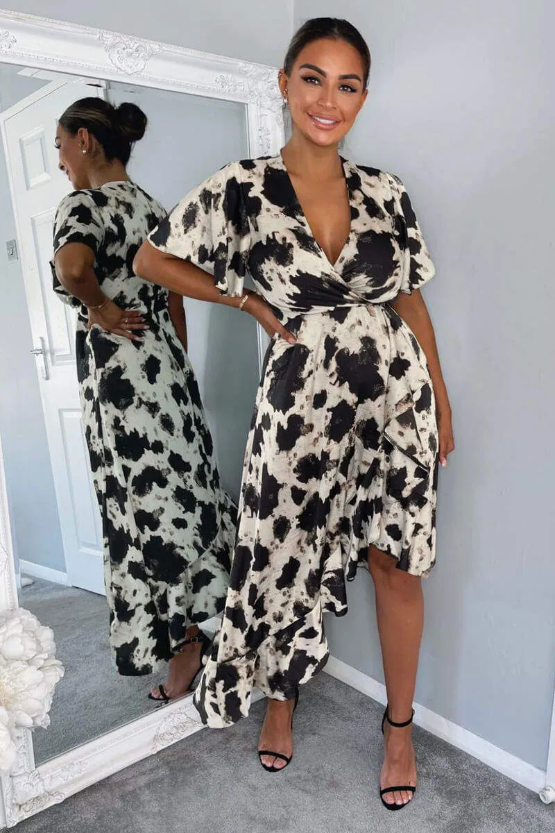 Black And Stone Abstract Print Wrap Midi Dress