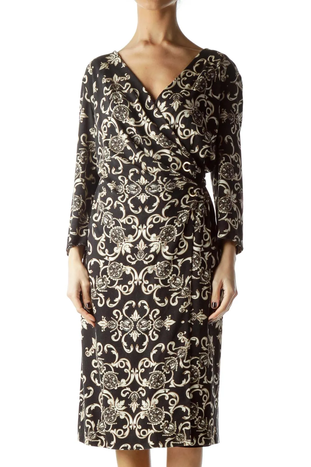 Black Cream and Gold Print Wrap Dress