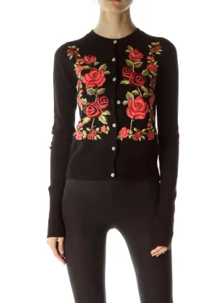 Black Floral Embroidered 100% Cashmere Sweater