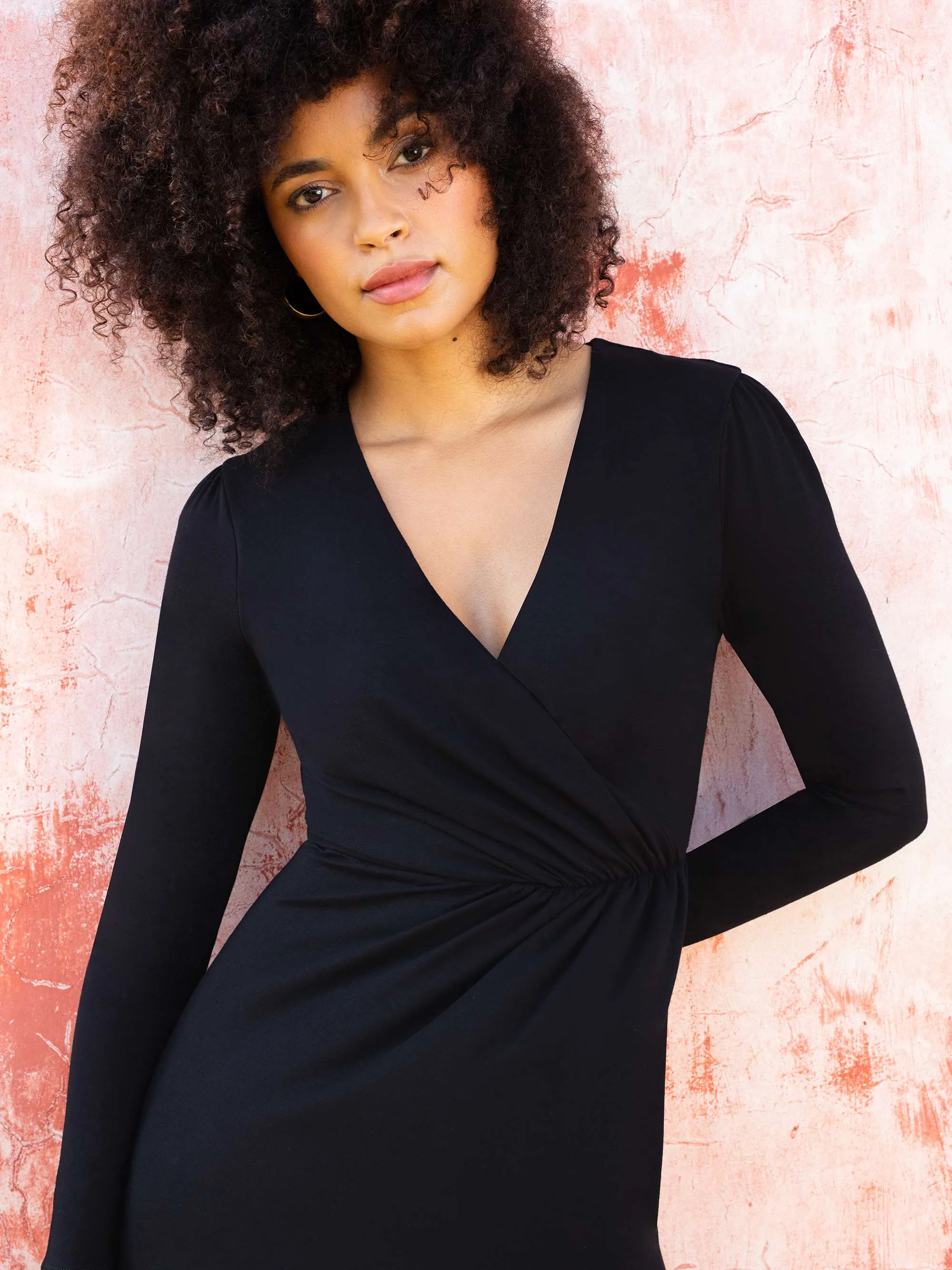 Black Jersey Long Sleeve Wrap Dress