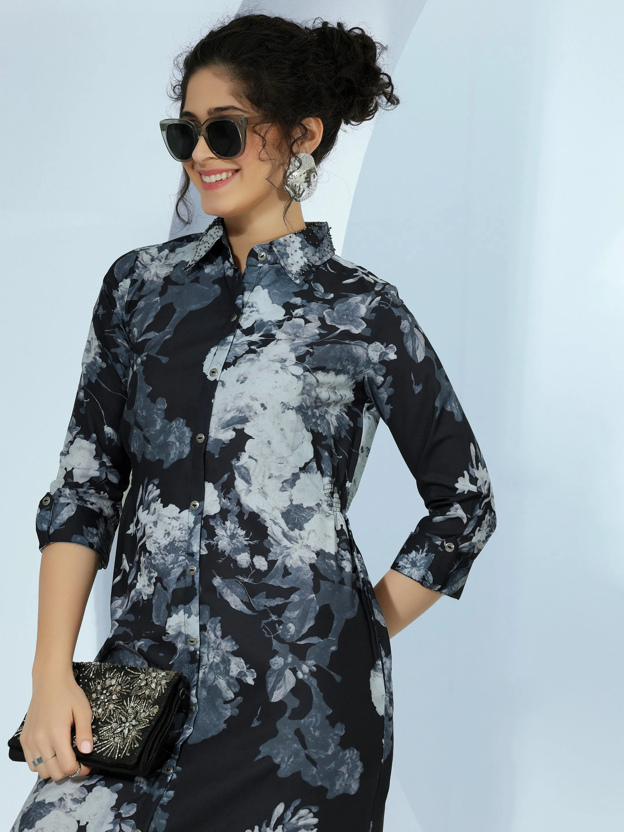 Black Printed Fit and Flare Polyester Dress