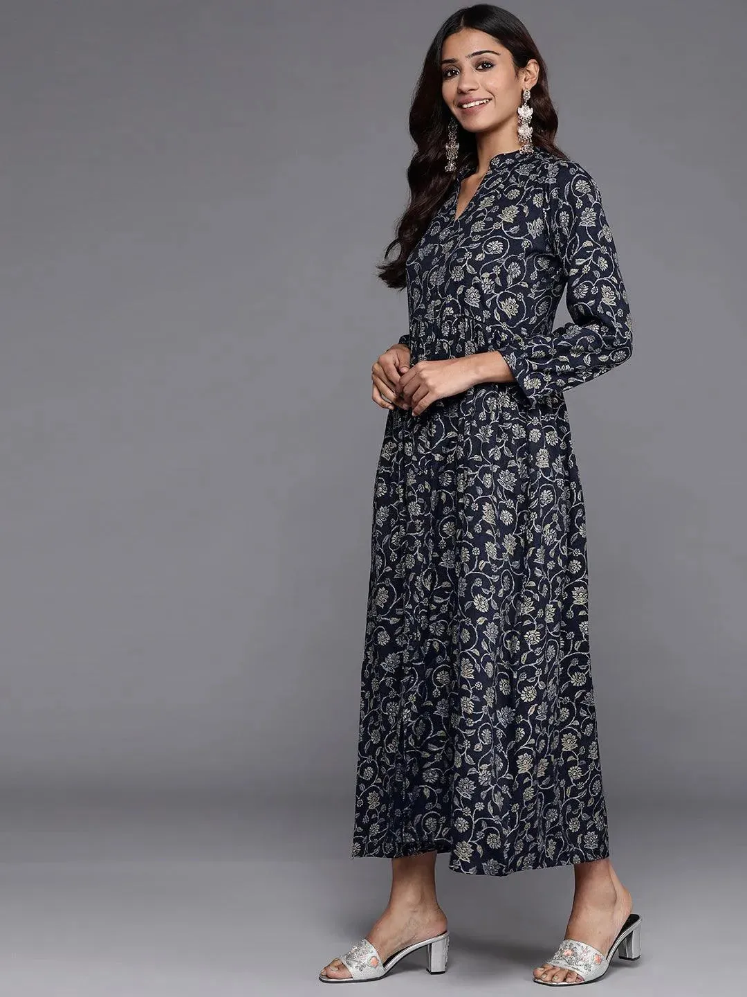 Blue Printed Rayon Fit and Flare Dress