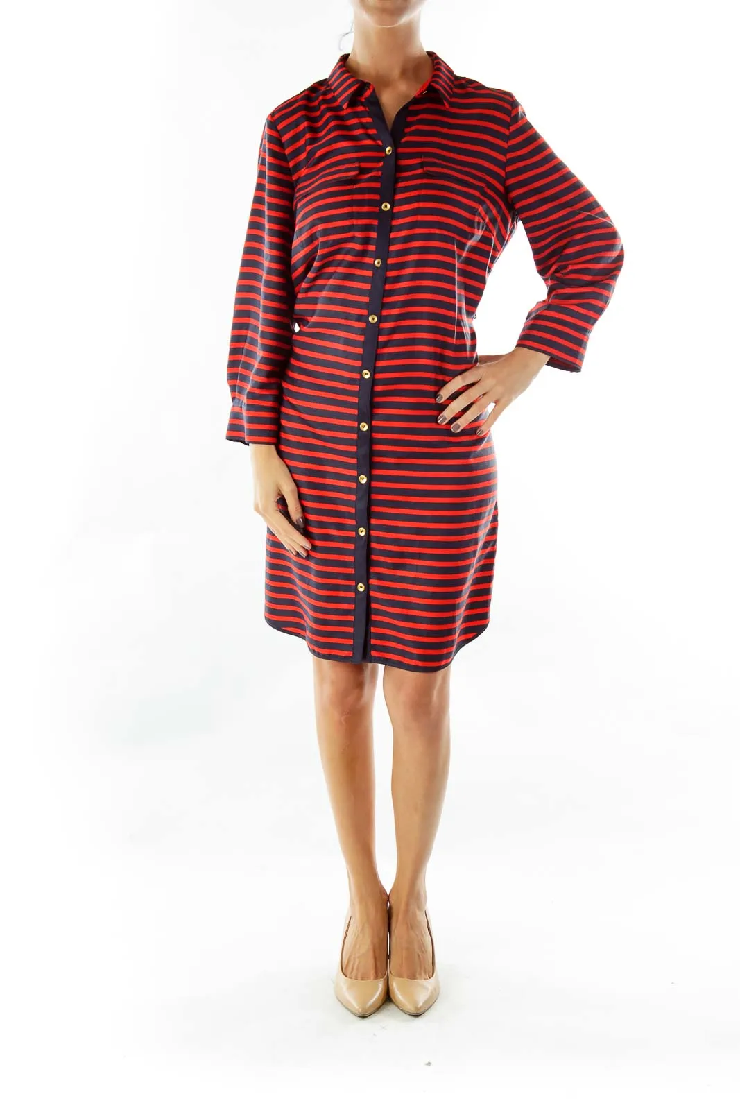 Blue Red Striped Shirt Dress