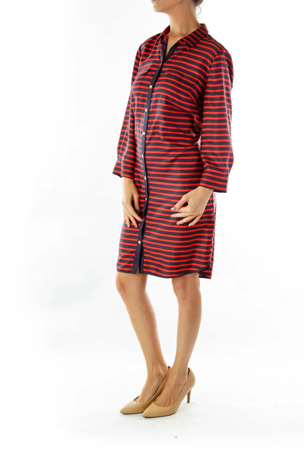 Blue Red Striped Shirt Dress