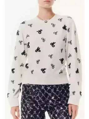 Bow-Embellished White and Black Cashmere Pullover Sweater