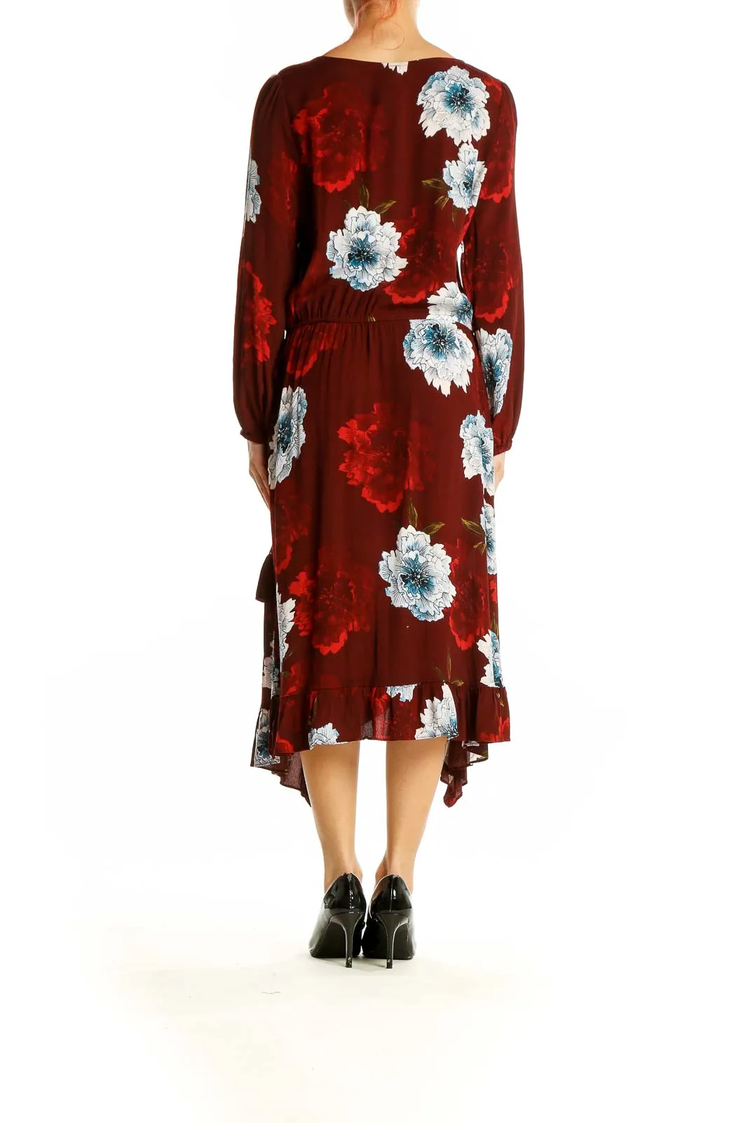 Burgundy Floral Wrap Midi Dress