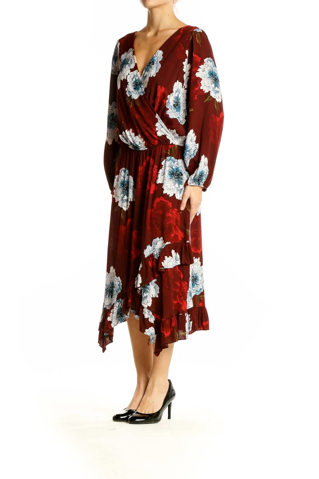 Burgundy Floral Wrap Midi Dress