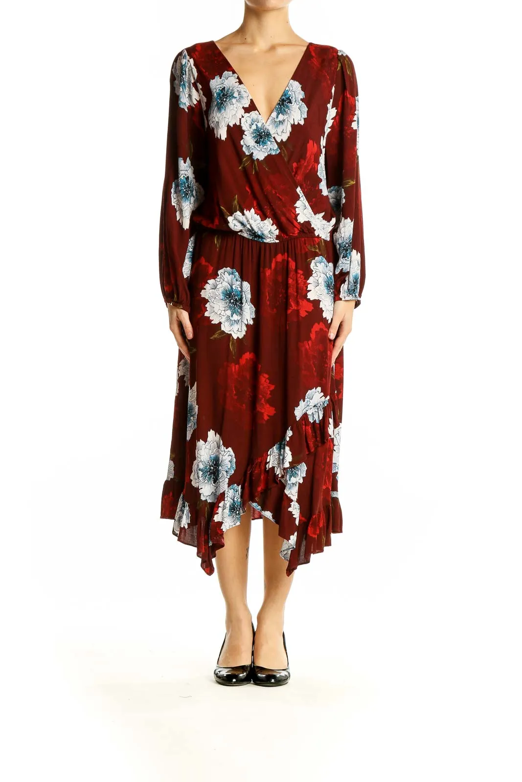 Burgundy Floral Wrap Midi Dress