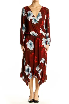 Burgundy Floral Wrap Midi Dress