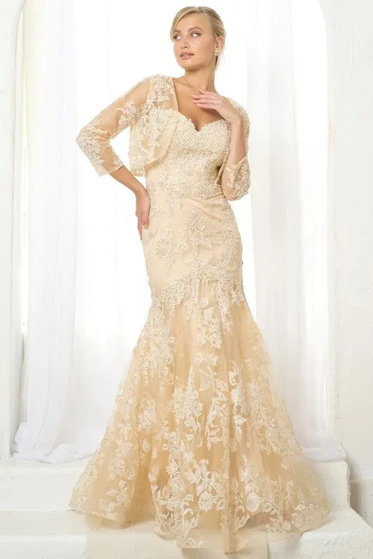 Champagne Lace Fit And Flare Gown With Bolero