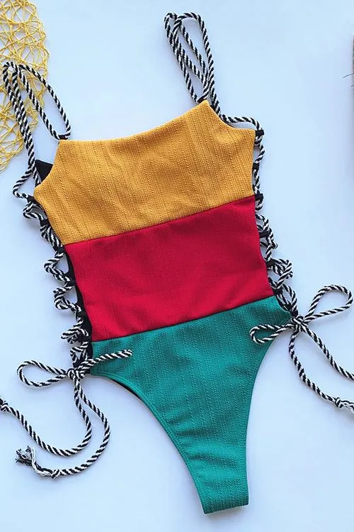 Color Block Lace Up Swimwear