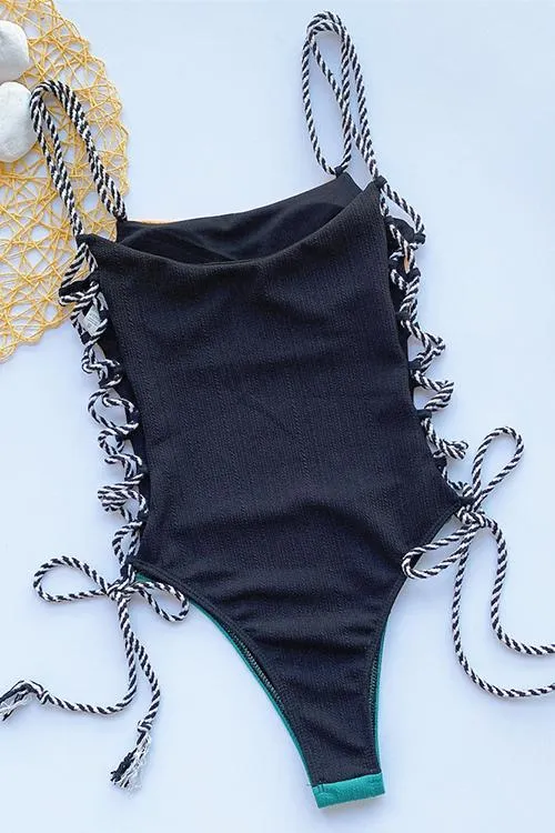 Color Block Lace Up Swimwear