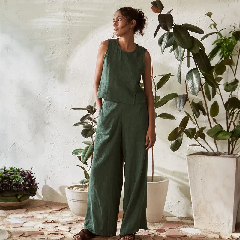 Cotton Solid Co Ord Set For Women | Top & Pant | Green