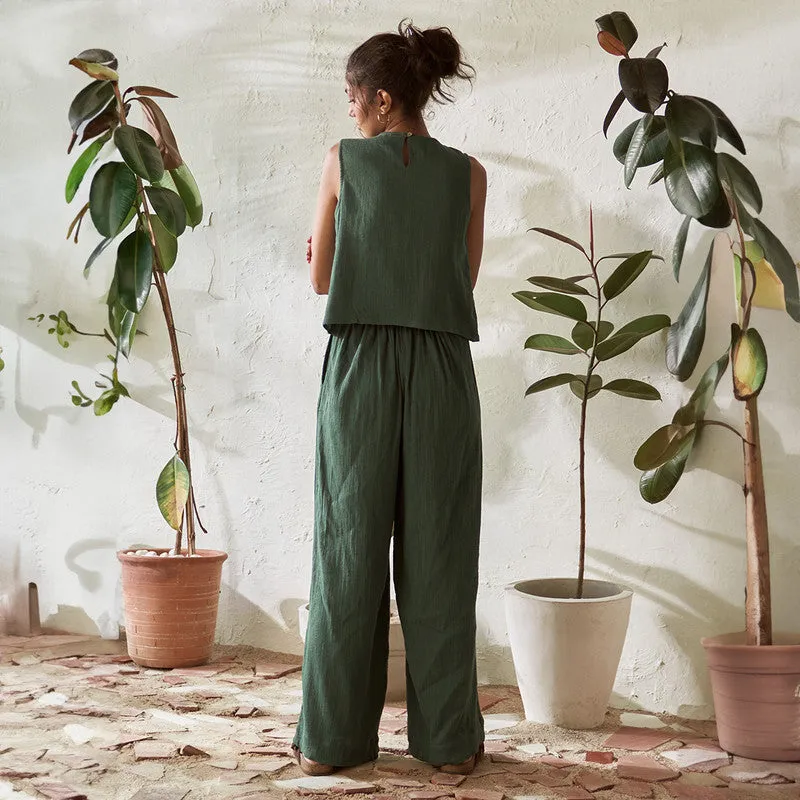 Cotton Solid Co Ord Set For Women | Top & Pant | Green