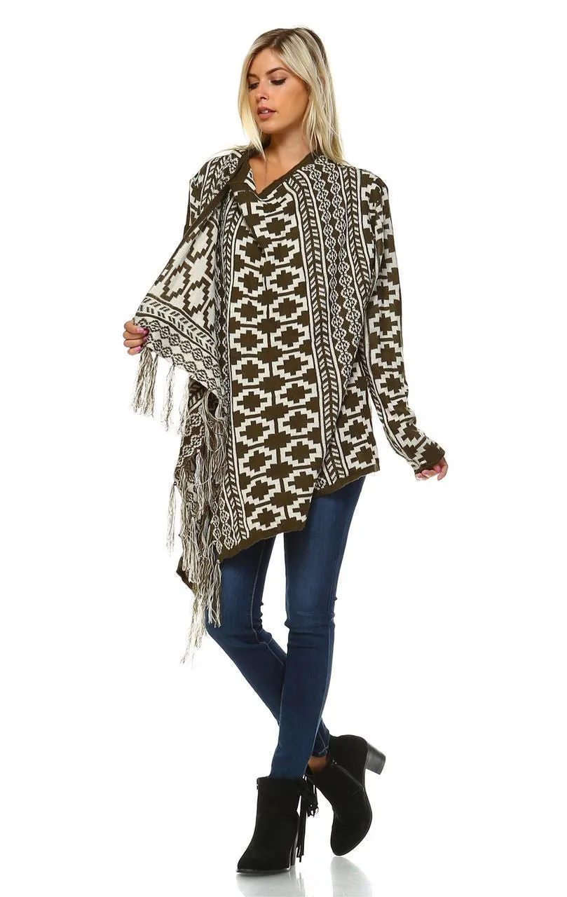 Cowl Aztec Cardigan Tribal Sweater Ponchos Olive White