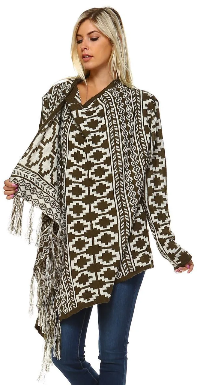 Cowl Aztec Cardigan Tribal Sweater Ponchos Olive White