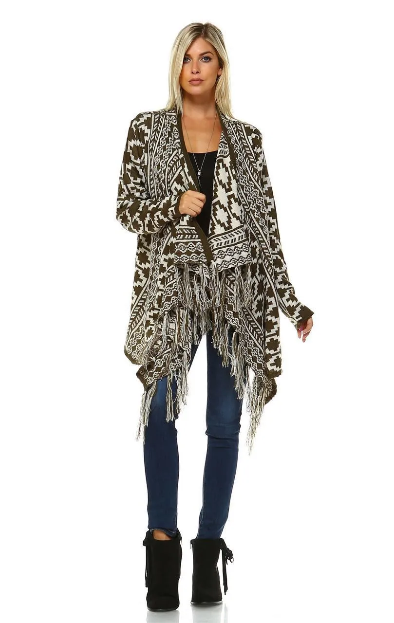 Cowl Aztec Cardigan Tribal Sweater Ponchos Olive White