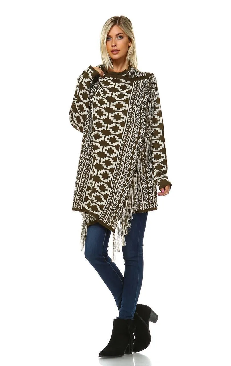 Cowl Aztec Cardigan Tribal Sweater Ponchos Olive White