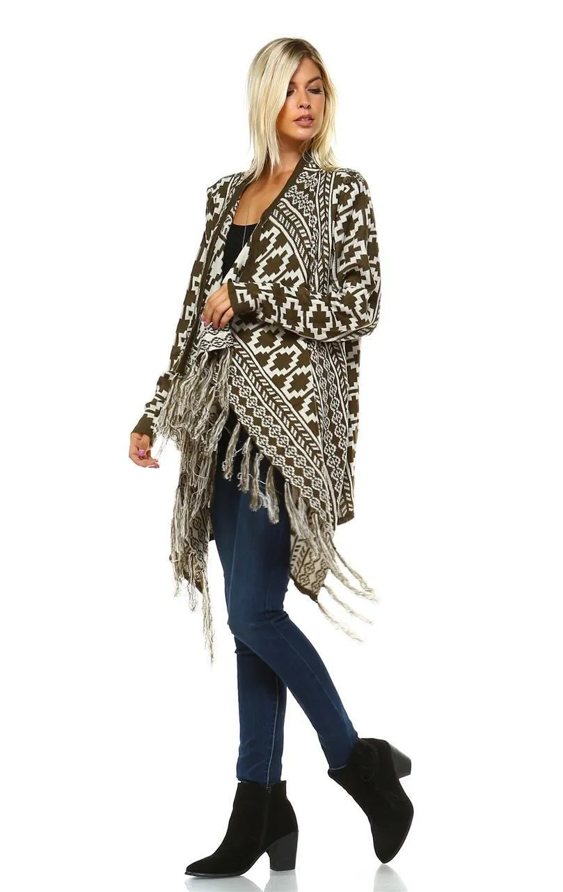 Cowl Aztec Cardigan Tribal Sweater Ponchos Olive White