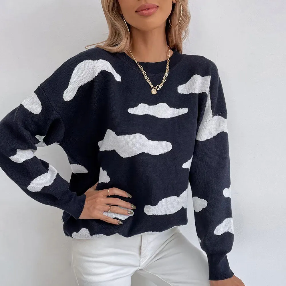 Cute Crew Neck Cloud Jacquard Knit Black Oversized Pullover Sweater