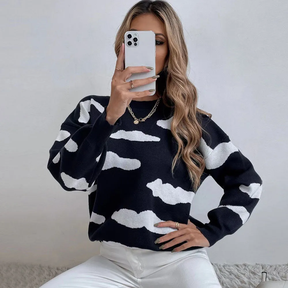 Cute Crew Neck Cloud Jacquard Knit Black Oversized Pullover Sweater