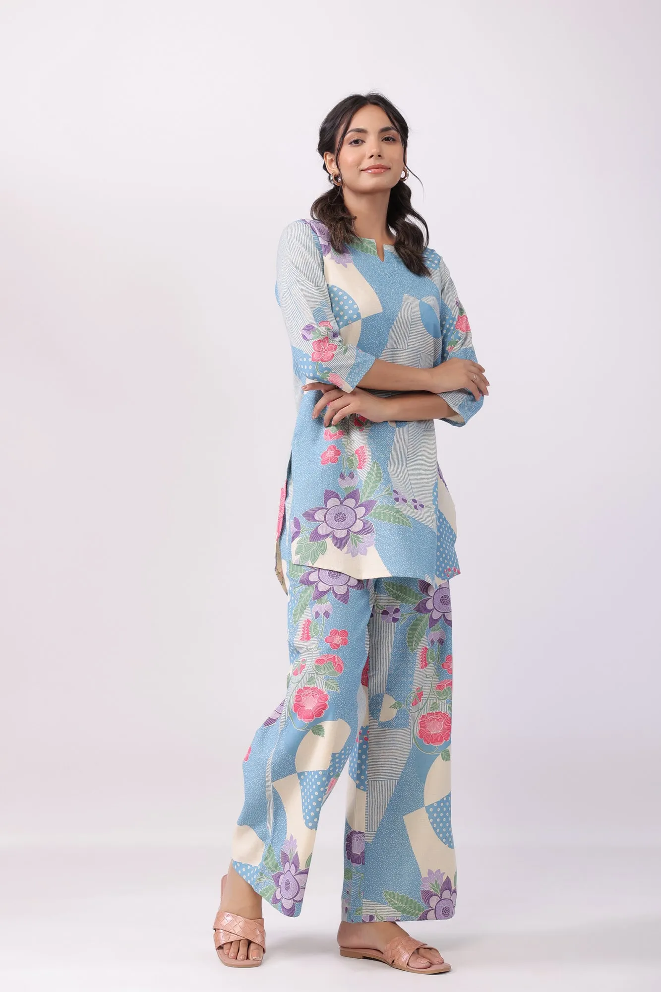 Distant Blooms Blue Cotton Palazzo Loungewear Set