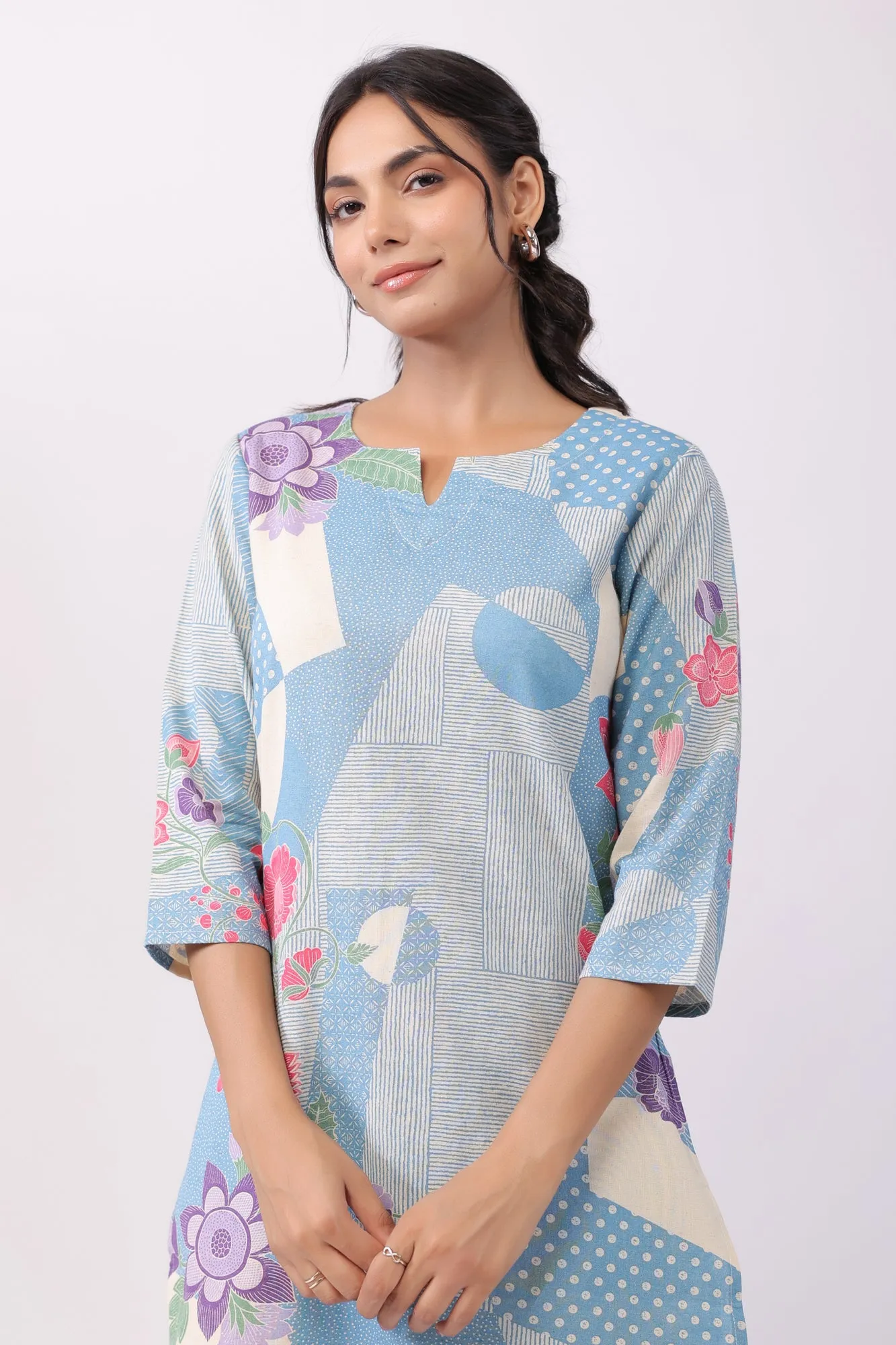 Distant Blooms Blue Cotton Palazzo Loungewear Set