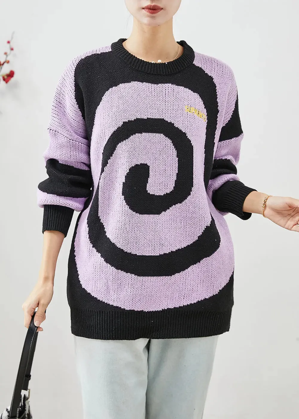 Elegant Purple Oversized Print Knit Sweaters Winter ML3207