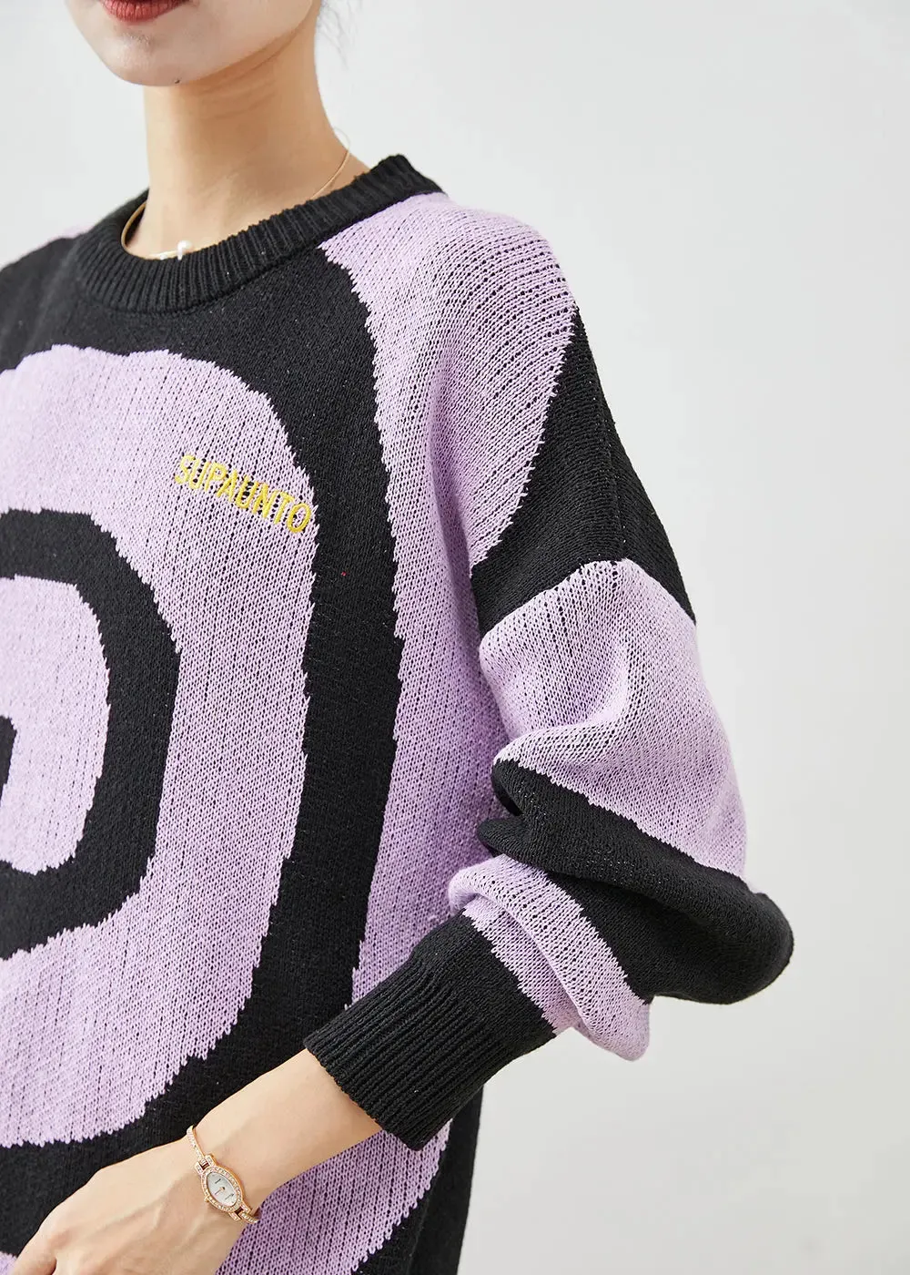 Elegant Purple Oversized Print Knit Sweaters Winter ML3207