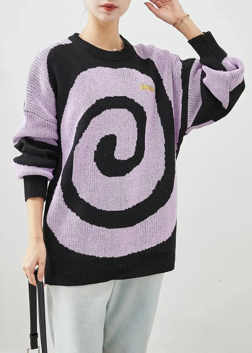 Elegant Purple Oversized Print Knit Sweaters Winter ML3207