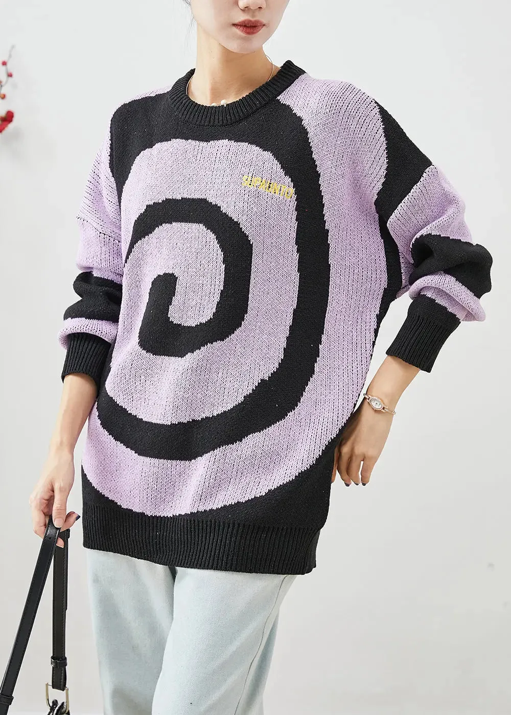 Elegant Purple Oversized Print Knit Sweaters Winter ML3207