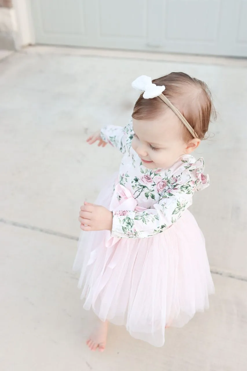 Flofallzique Long Sleeve Toddler Party Dress Vintage Floral Birthday Girls Tulle Dress