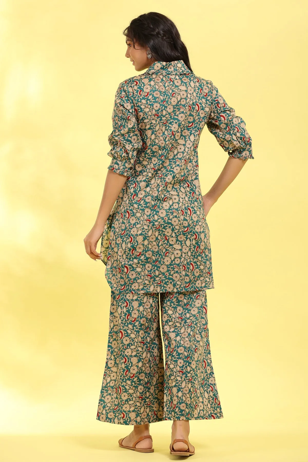 Floral Mosaics on collared Green Cotton Palazzo Loungewear Set