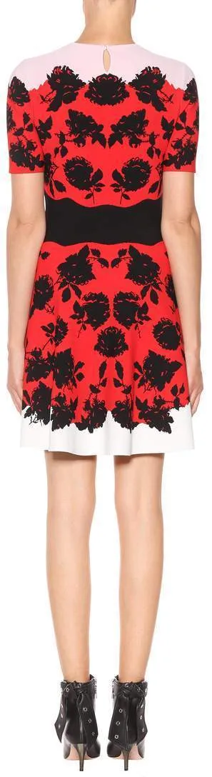 Floral-Print Knitted Fit and Flare Dress, Red