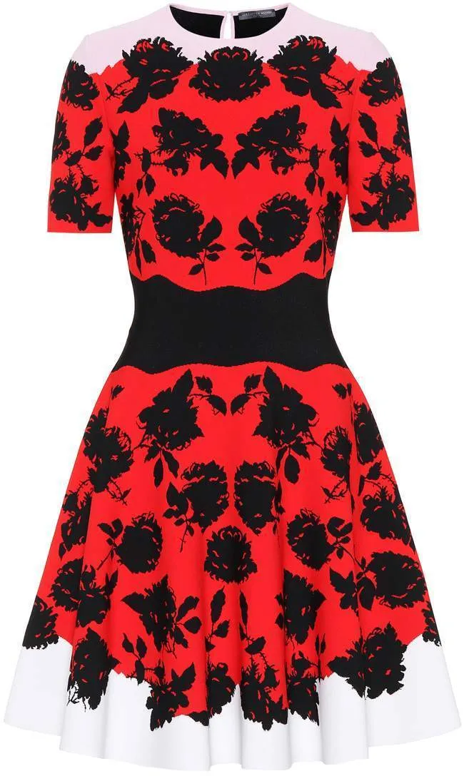 Floral-Print Knitted Fit and Flare Dress, Red