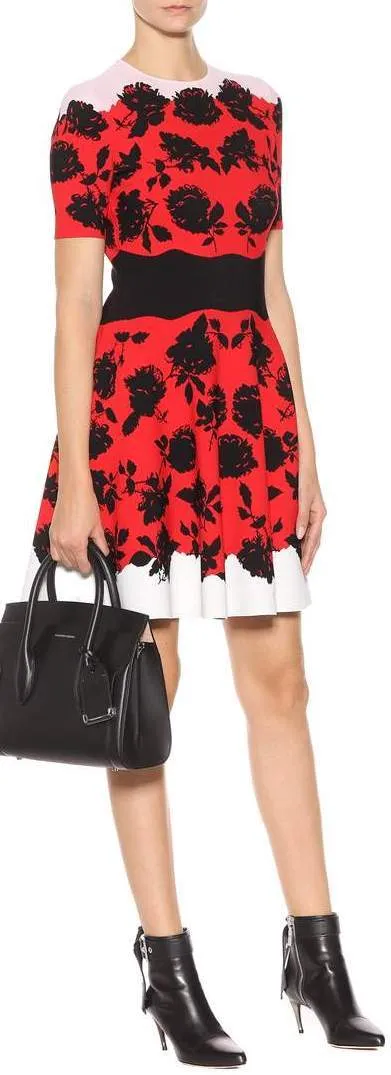 Floral-Print Knitted Fit and Flare Dress, Red