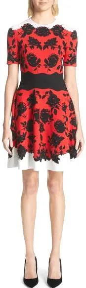 Floral-Print Knitted Fit and Flare Dress, Red