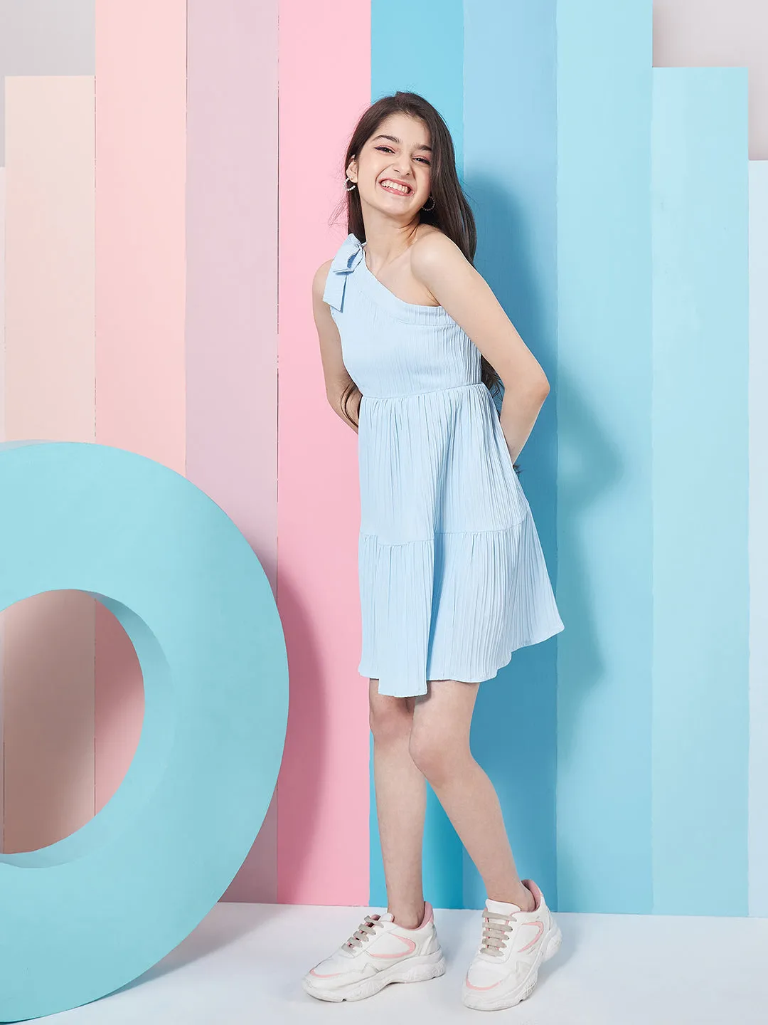 Girls Striped One Shoulder Crepe Fit Flare Dress - PS Peaches