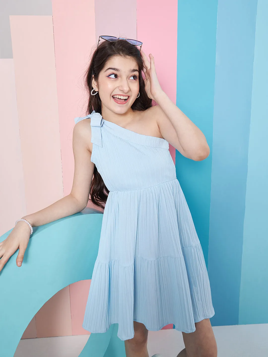 Girls Striped One Shoulder Crepe Fit Flare Dress - PS Peaches