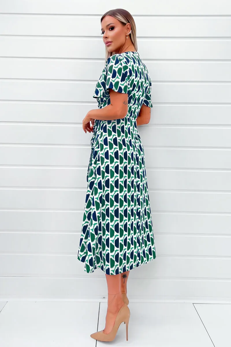 Green and Navy Printed Wrap Top Midi Dress