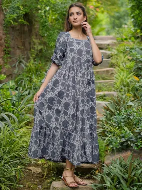 Grey Printed Cotton Fit and Flare Dress